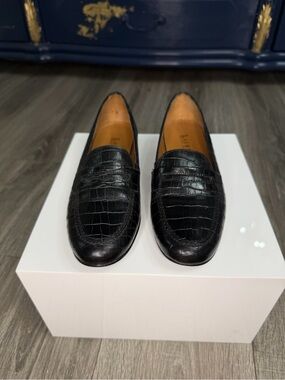 VTG Lauren Ralph Lauren Black Croc Leather Penny Loafers 90s Made in Brazil